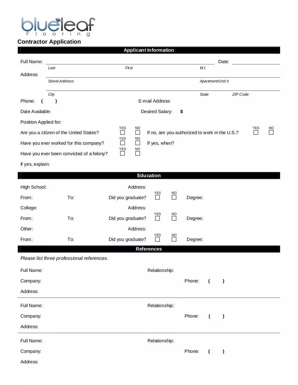 Page 1 of 2, Contractor Application