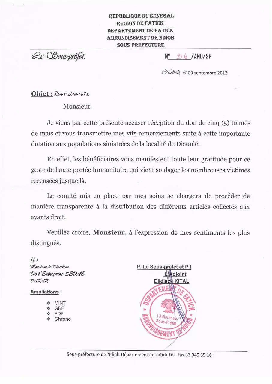 Page 1 of 2, lettre de reerciement