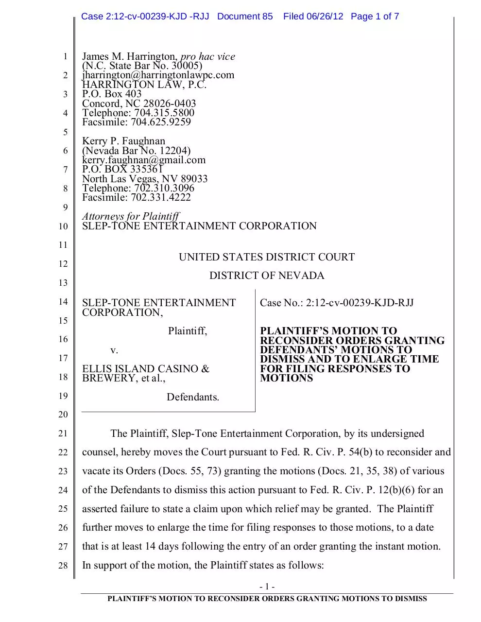 Page 1 of 7, 85 Slep Tone's Motion to Reconsider Order