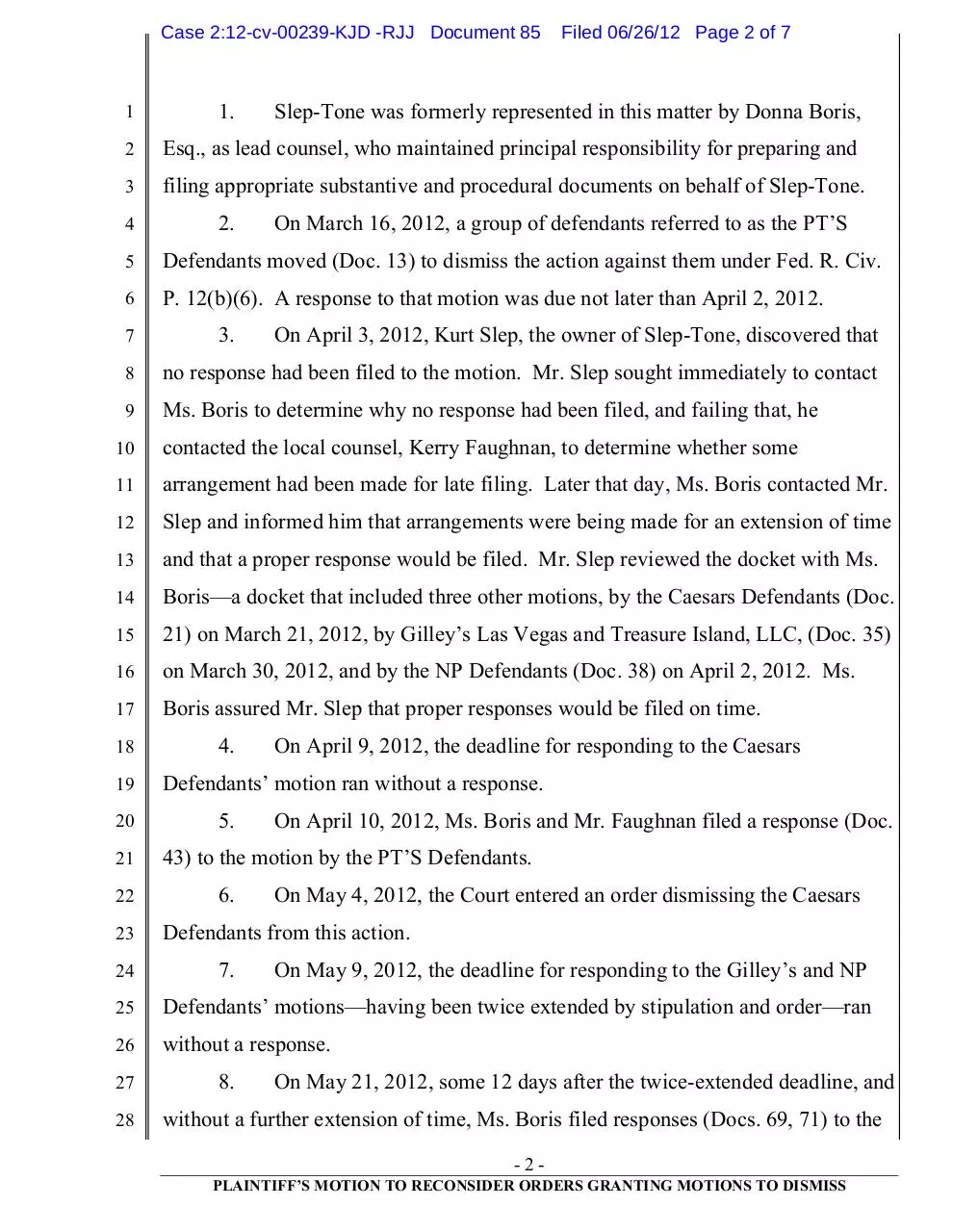 Page 2 of 7, 85 Slep Tone's Motion to Reconsider Order