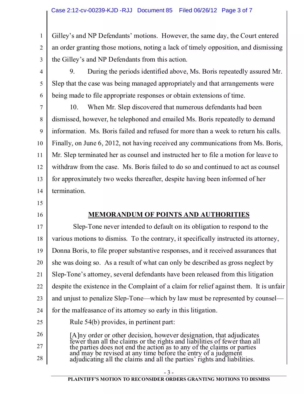 Page 3 of 7, 85 Slep Tone's Motion to Reconsider Order