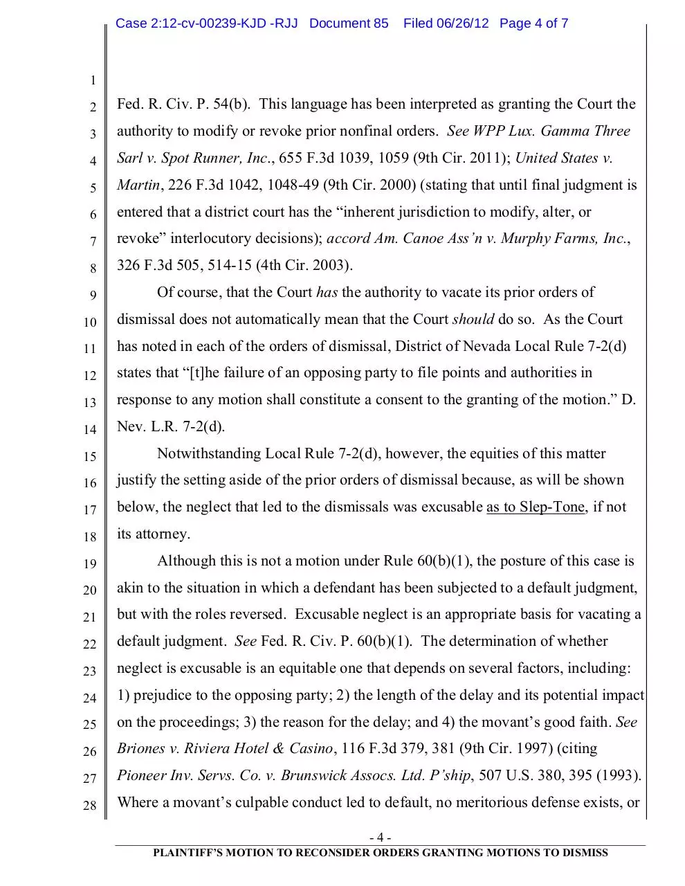 Page 4 of 7, 85 Slep Tone's Motion to Reconsider Order