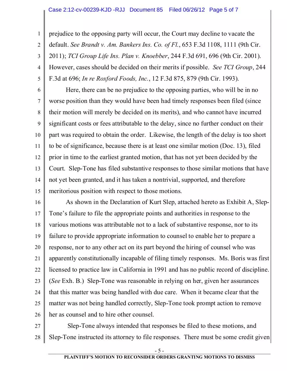 Page 5 of 7, 85 Slep Tone's Motion to Reconsider Order