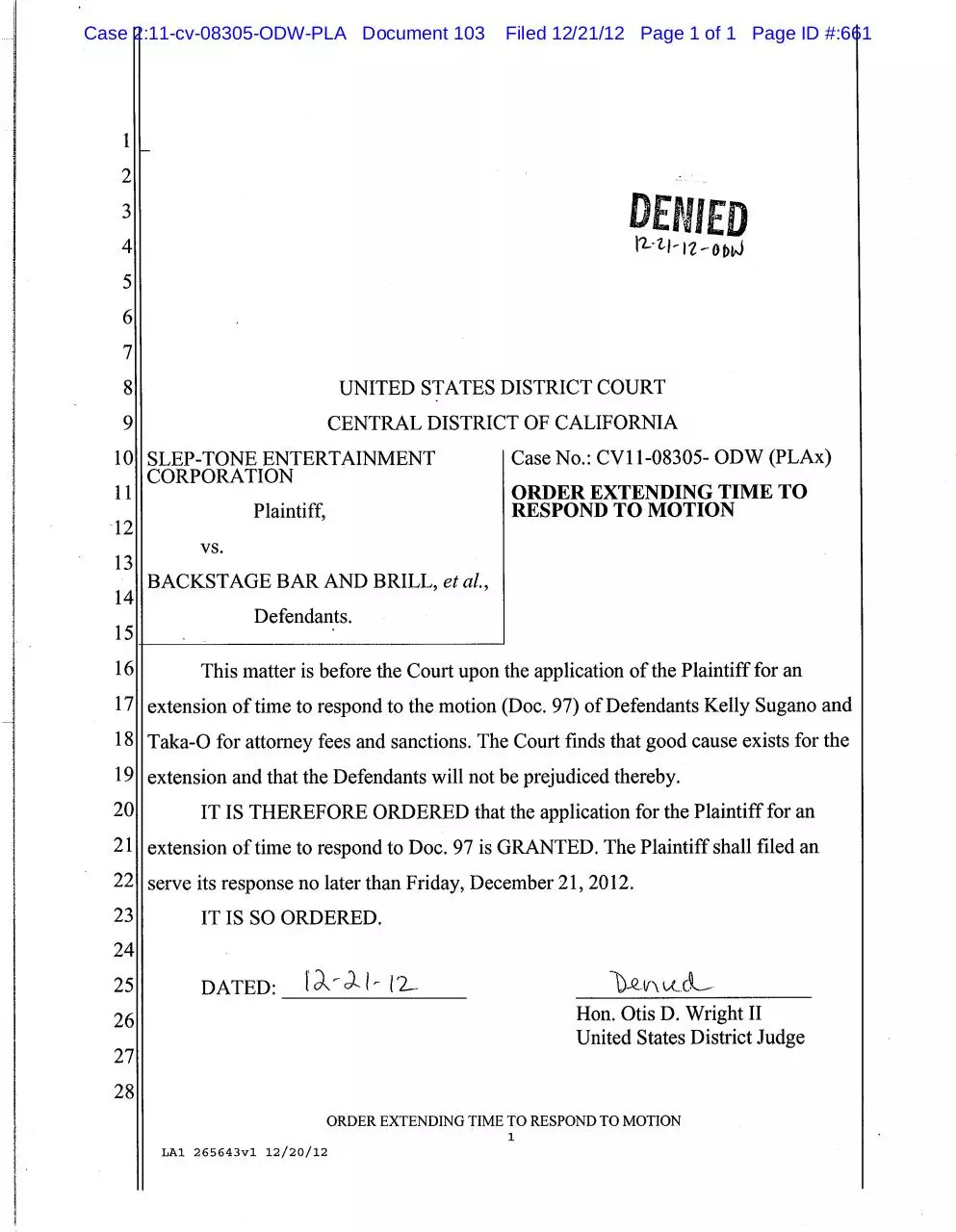 Document preview - 103 - Order denying extending time to file opposition.pdf - Page 1/1