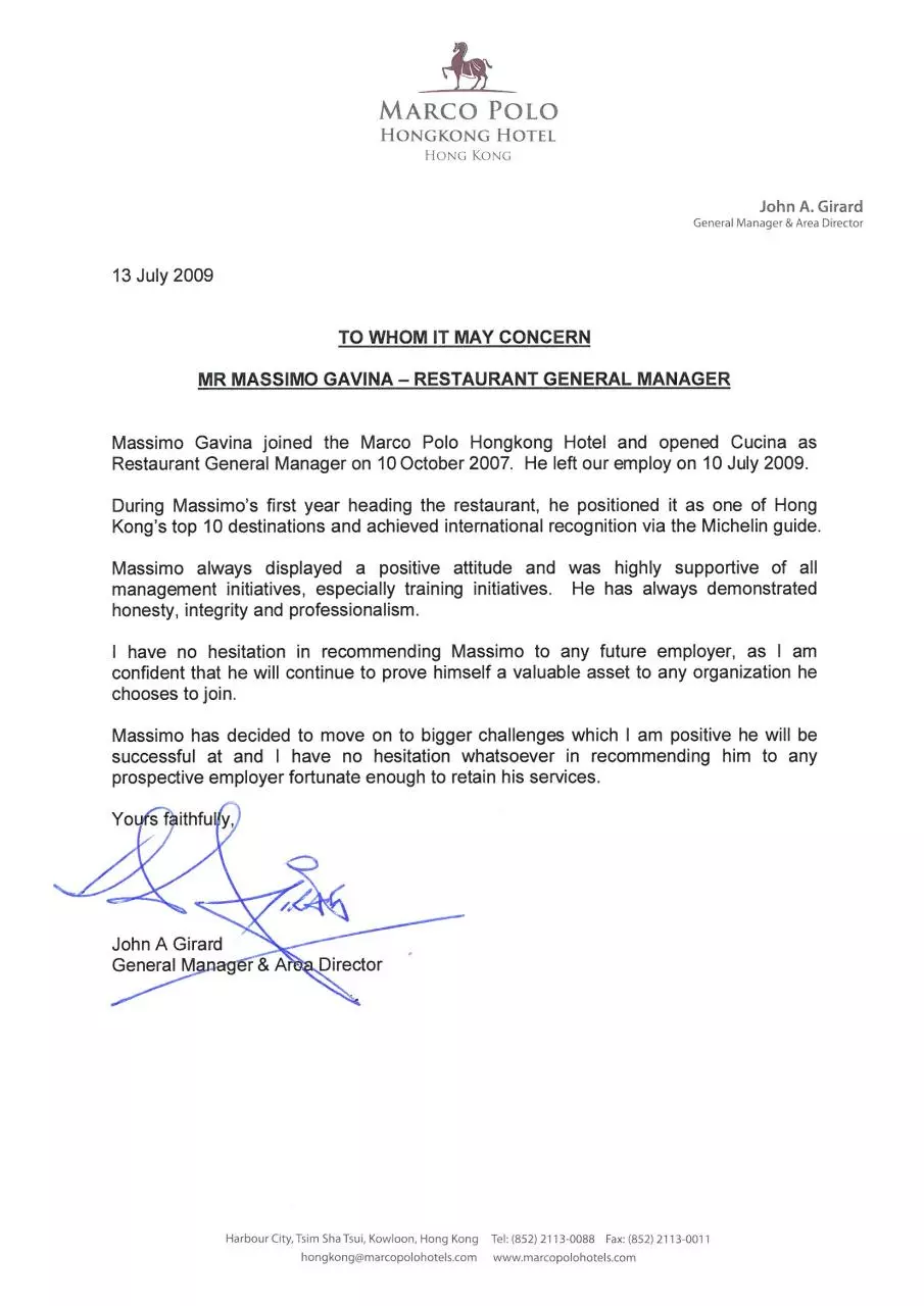 Page 1 of 1, Marco Polo Hotel GM Reference Letter