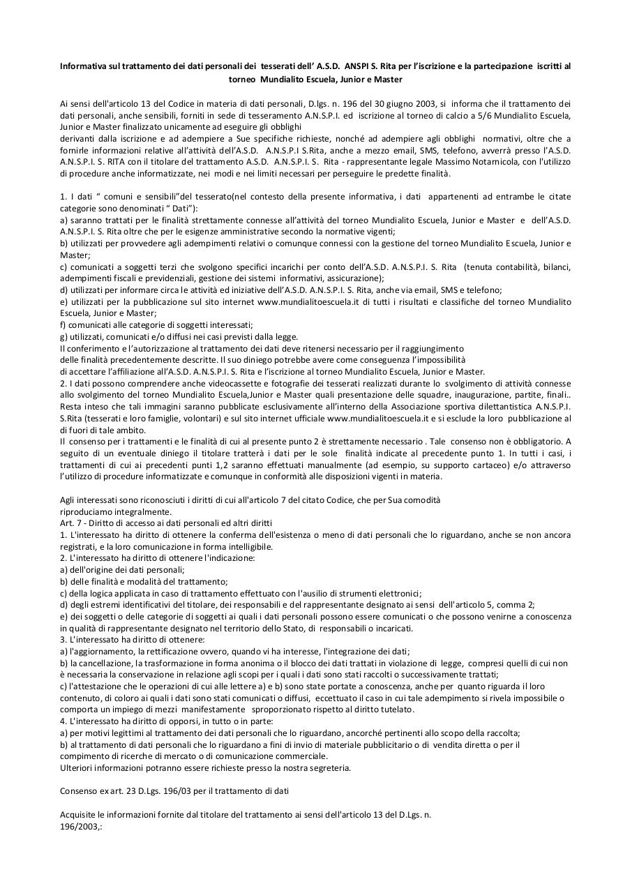 Document preview consenso informato Mundialito 2013 NUOVO.pdf - page 1/2