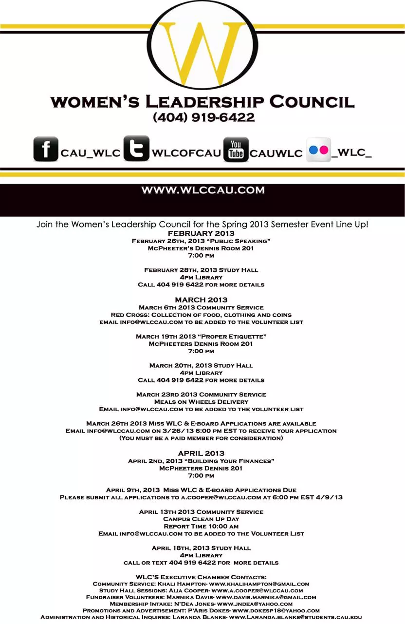 Page 1 of 1, Spring 2013 WLC Event line Up