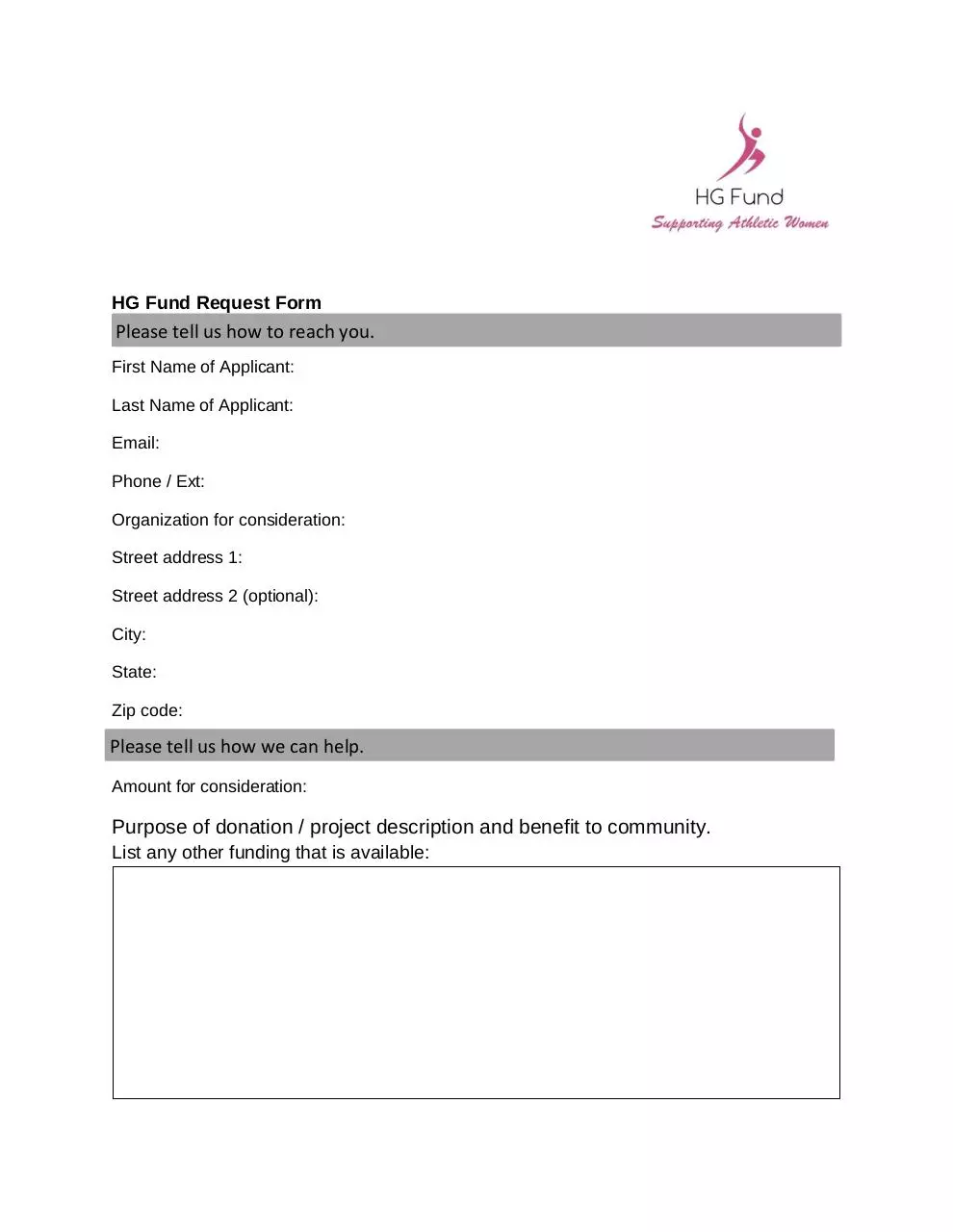 Page 1 of 2, HG Fund Request Form