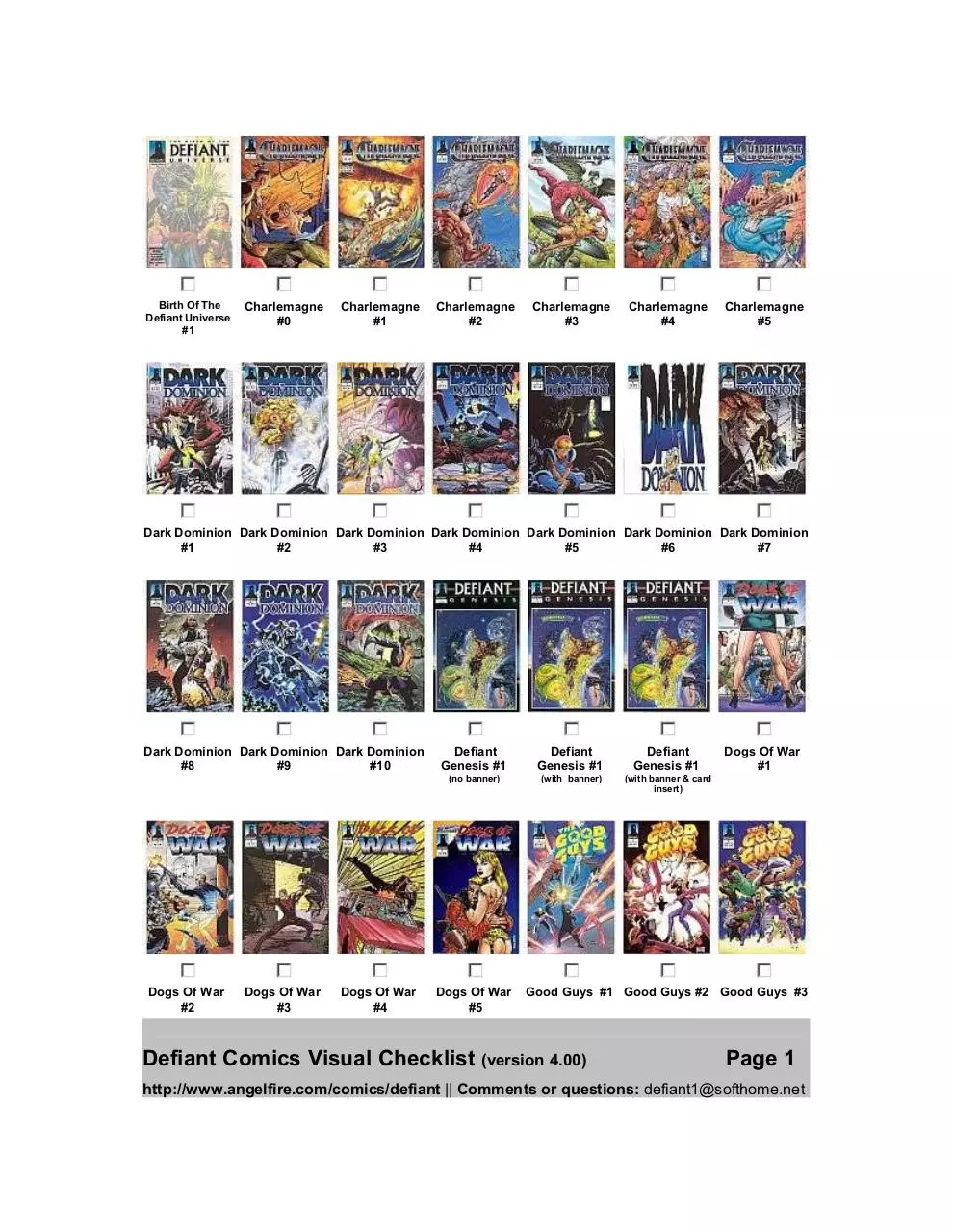Page 1 of 3, Defiant Comics v400 Checklist