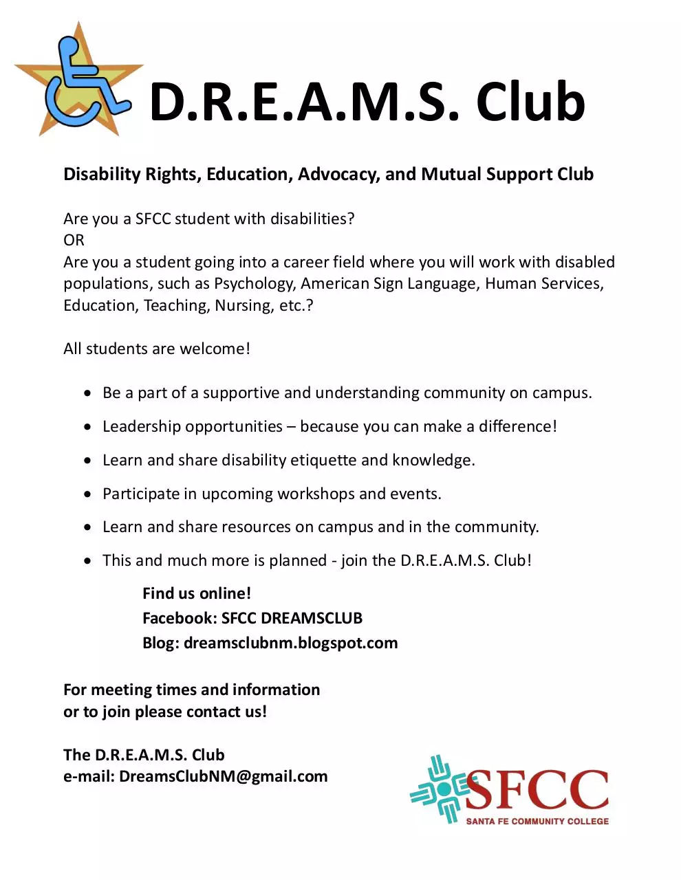 Page 1 of 1, Dreams Club Flyer Fall 2013