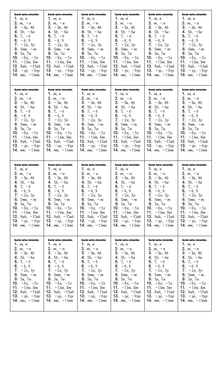 Page 1 of 1, matematica monomios ejercicio 01 sumar