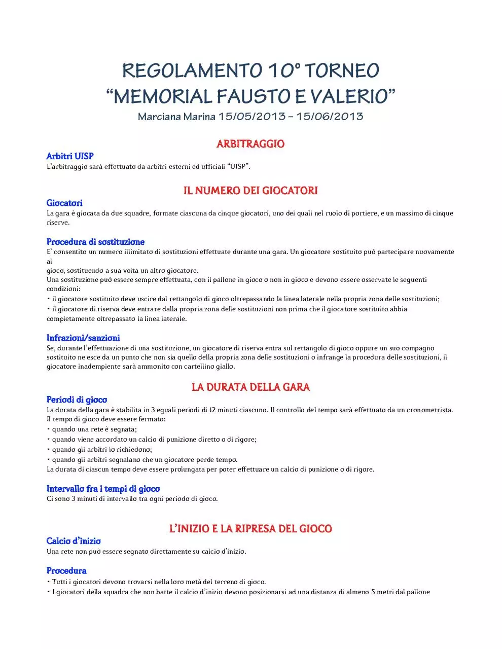 Page 1 of 5, REGOLAMENTO CALCETTO