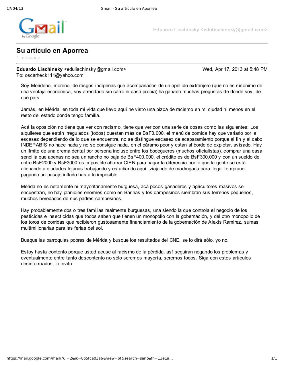 Document preview Mi respuesta a Oscar Heck - Gmail - Su artÃ­culo en Aporrea.pdf - page 1/1