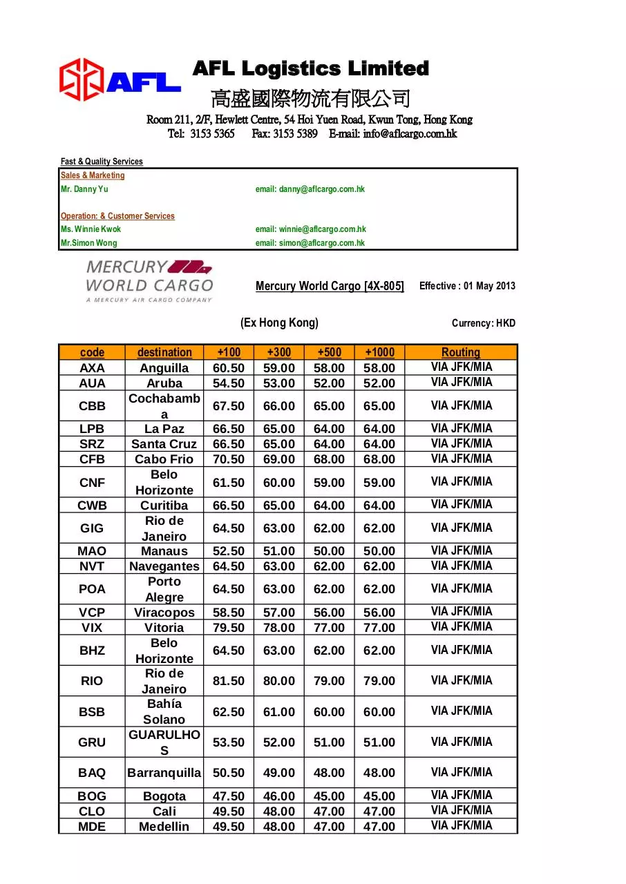 Page 5 of 19, AFL Logistics Limited Rate Sheet 2013 05 01