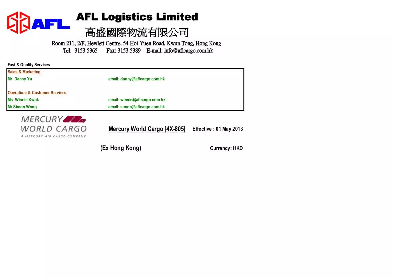 Page 3 of 12, AFL Logistics Limited Rate Sheet 2013 05 01