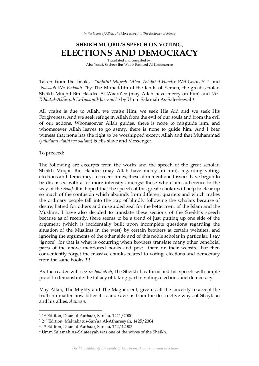 Page 1 of 12, Sheikh Muqbil on Elections