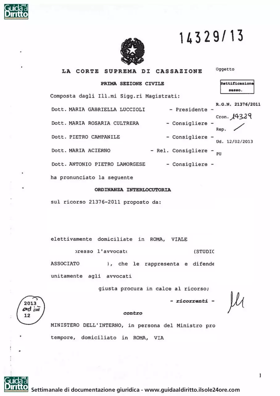 Page 1 of 39, Cass. 2013.2.12 variaz.sesso