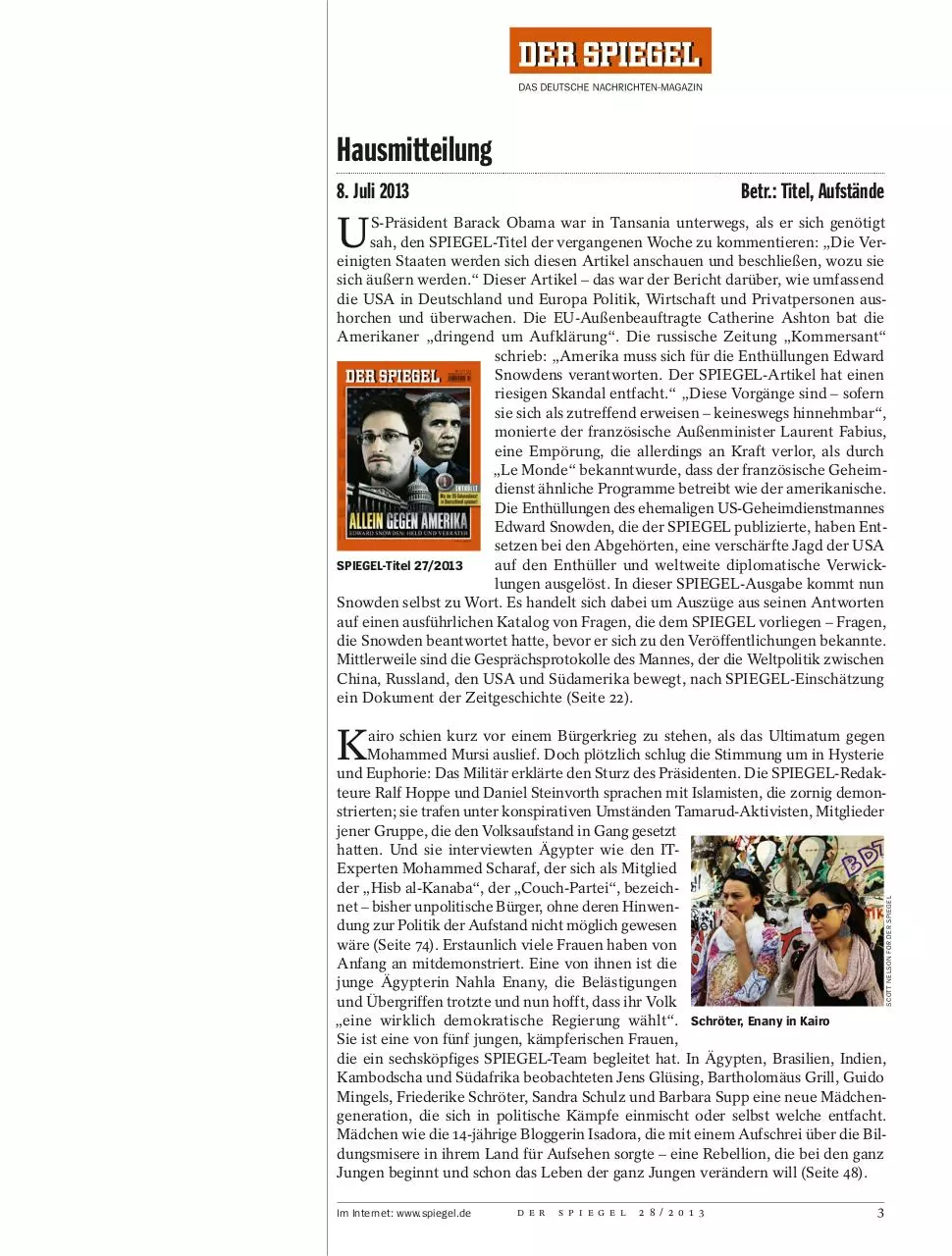 Page 3 of 136, Der Spiegel No 28 2013