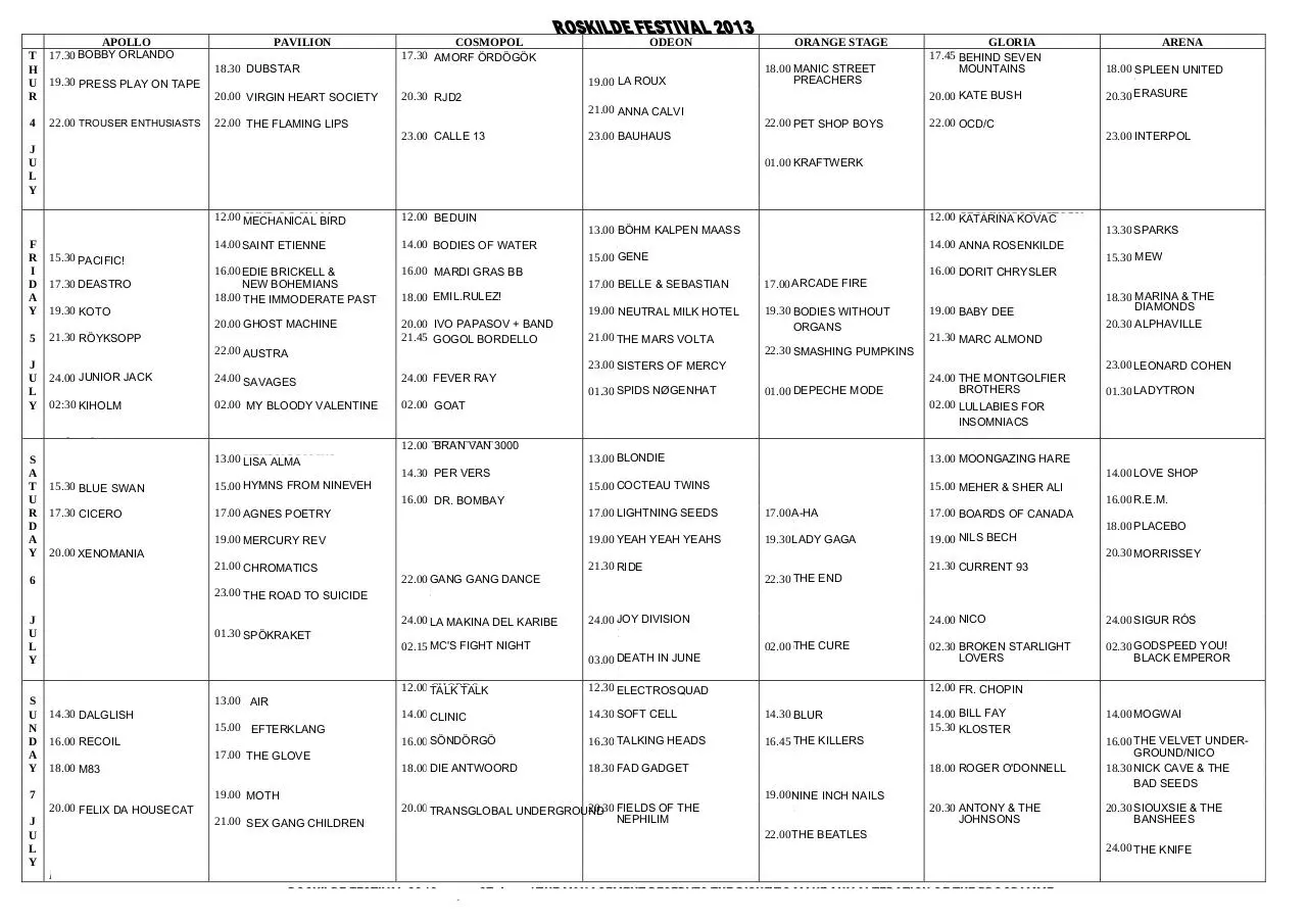 Page 1 of 1, Roskilde Festival band schedule 2014