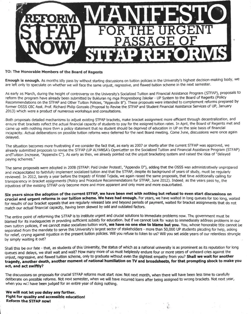 Page 1 of 67, Manifesto for the Urgent Passage of STFAP Reforms signed