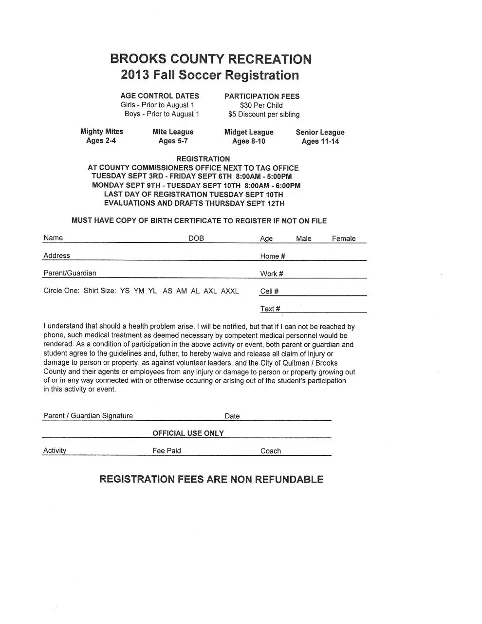 Page 1 of 1, 2013 Soccer Registration Form