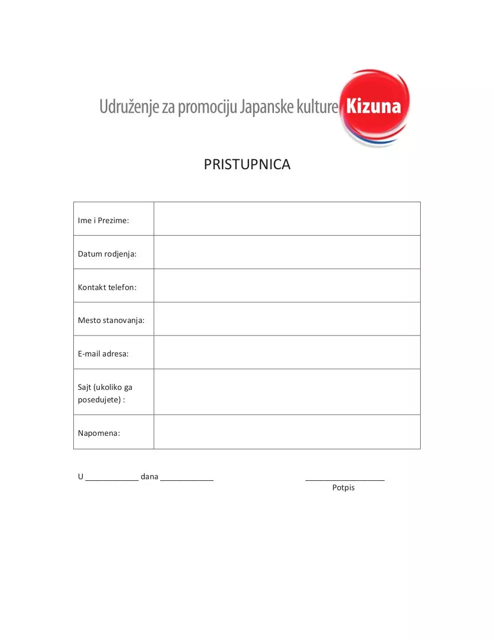 Page 1 of 1, pristupnica