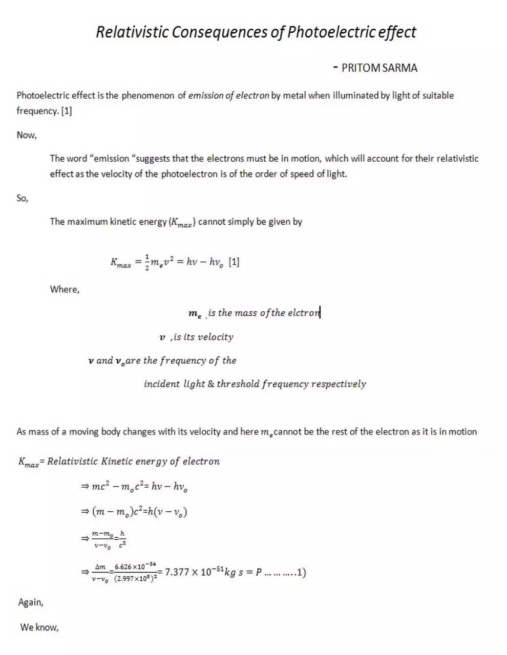 Page 1 of 2, Relativistic Consequence of Photoelectric effect
