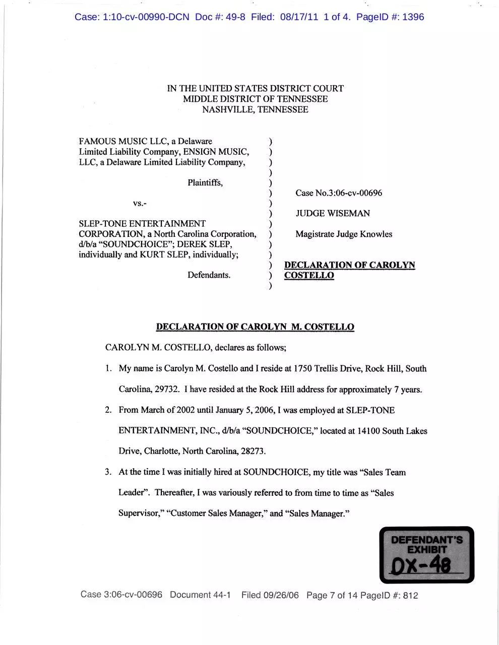 Page 1 of 4, 49 8 Exhbiit Declaration of Carolyn M. Costello