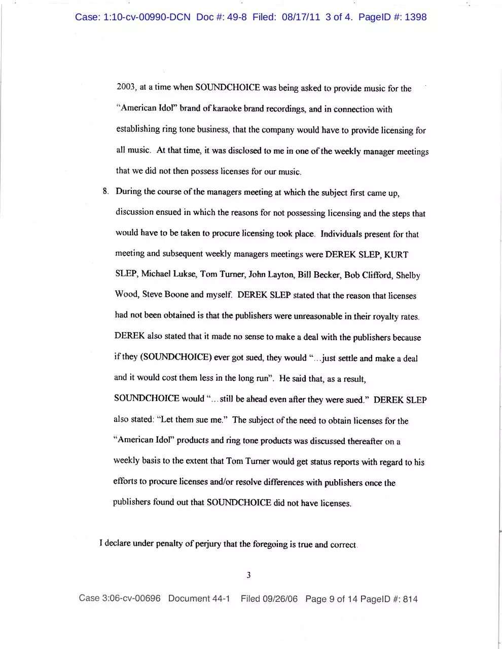 Page 3 of 4, 49 8 Exhbiit Declaration of Carolyn M. Costello