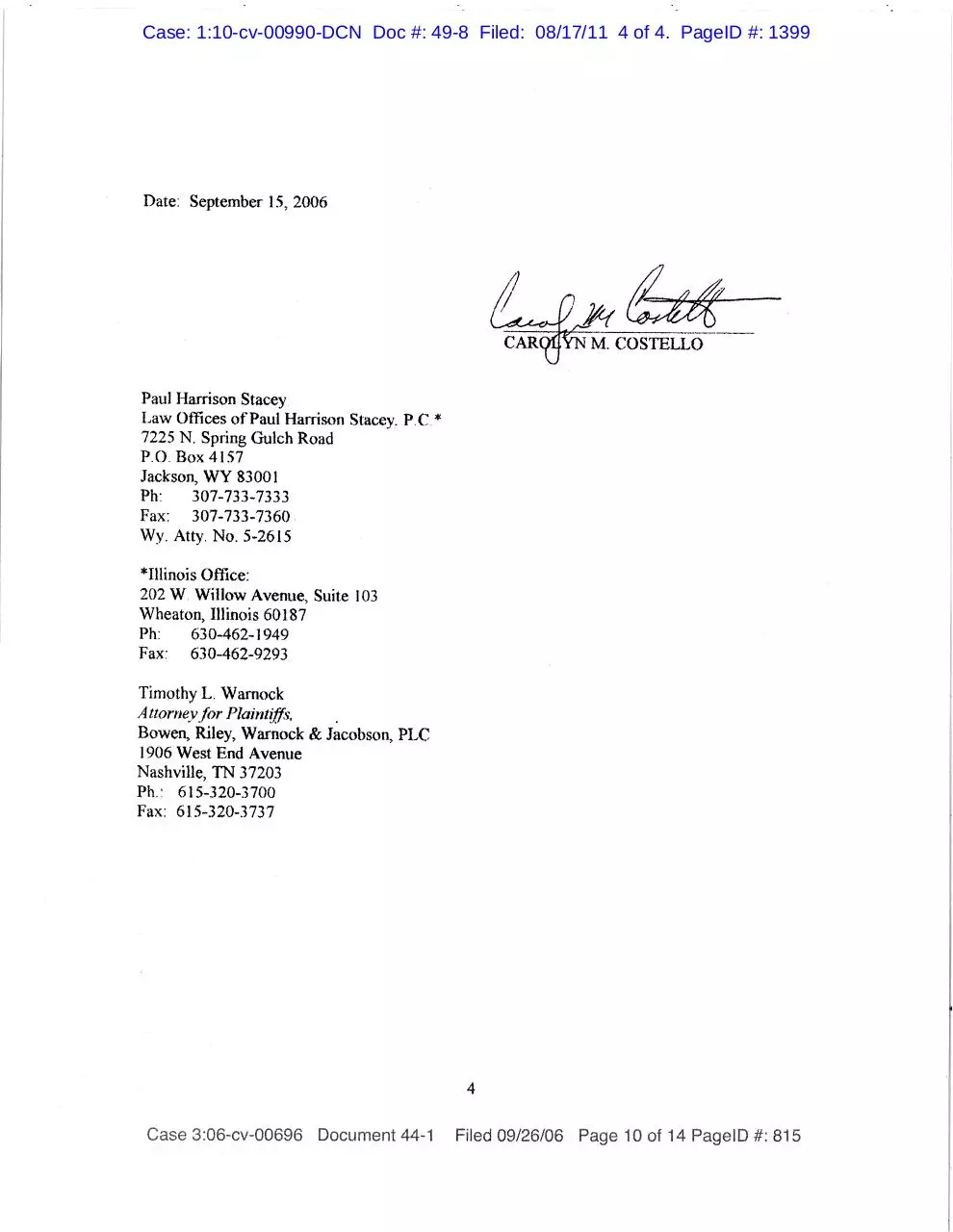 Page 4 of 4, 49 8 Exhbiit Declaration of Carolyn M. Costello