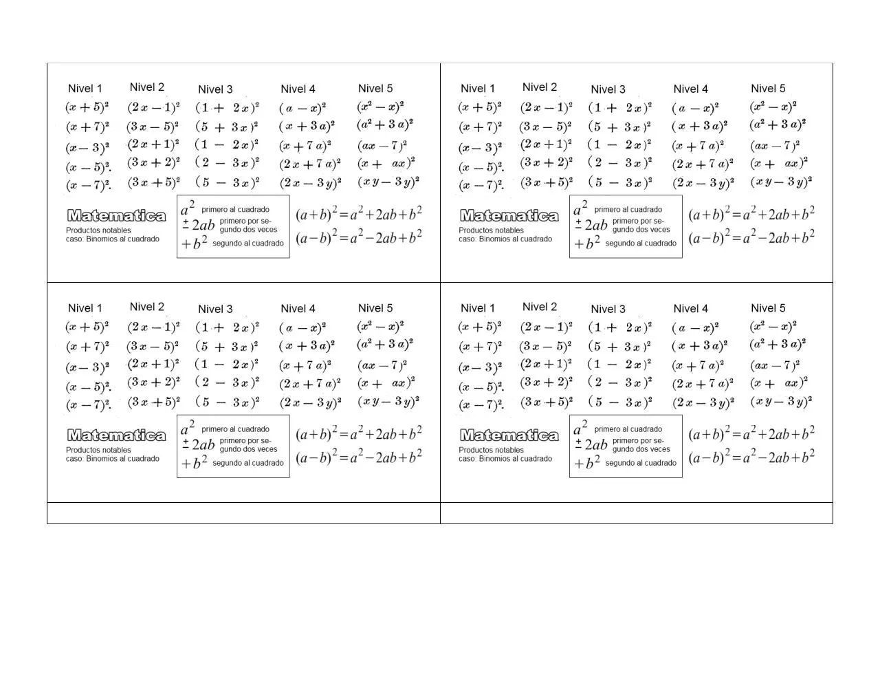 Page 1 of 1, algebra productos notables 01 binomios al cuadrado