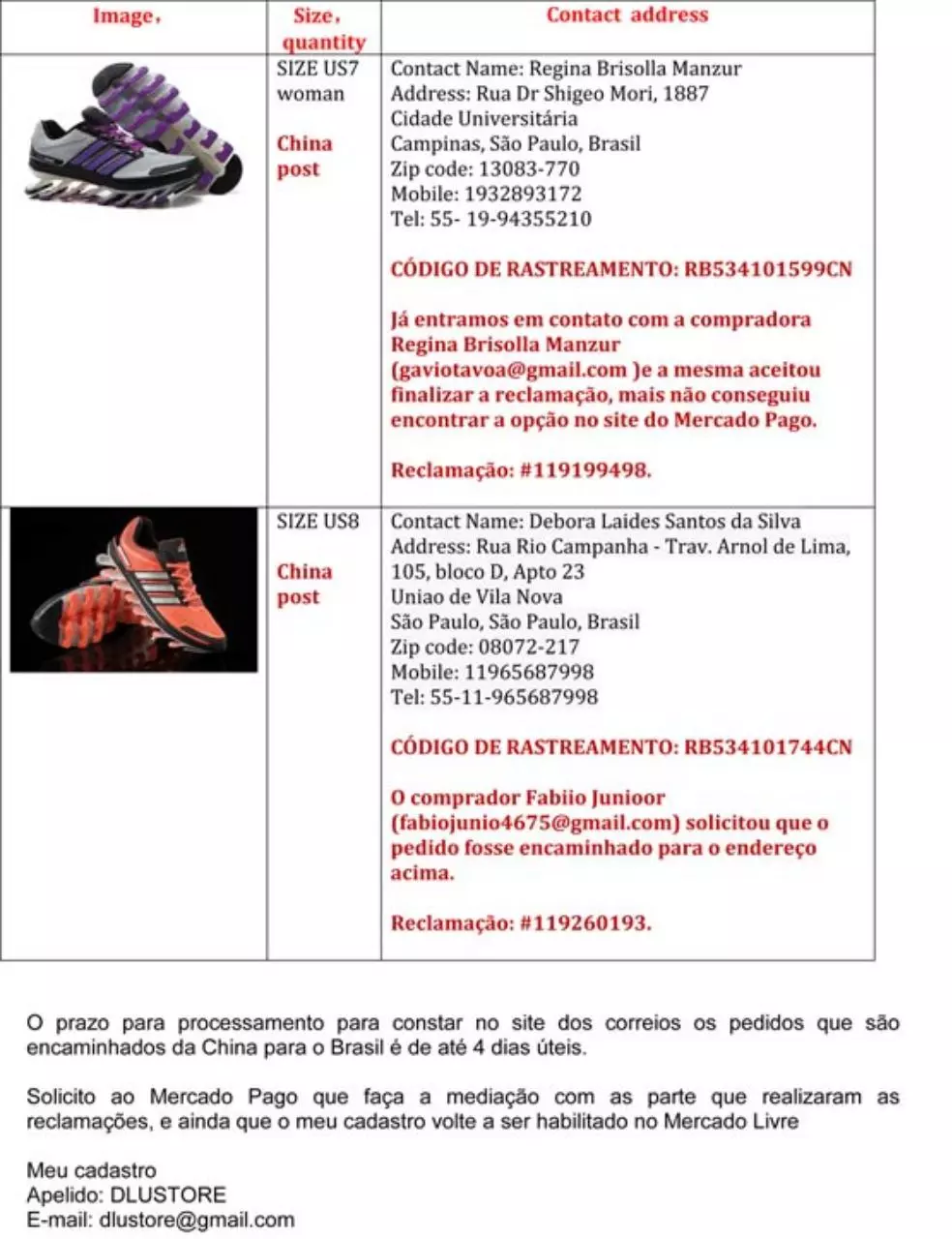 Page 1 of 1, produtos enviados
