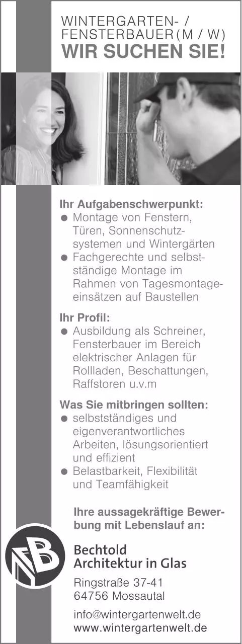 Page 1 of 1, Stellenanzeige Bechtold Architektur in Glas