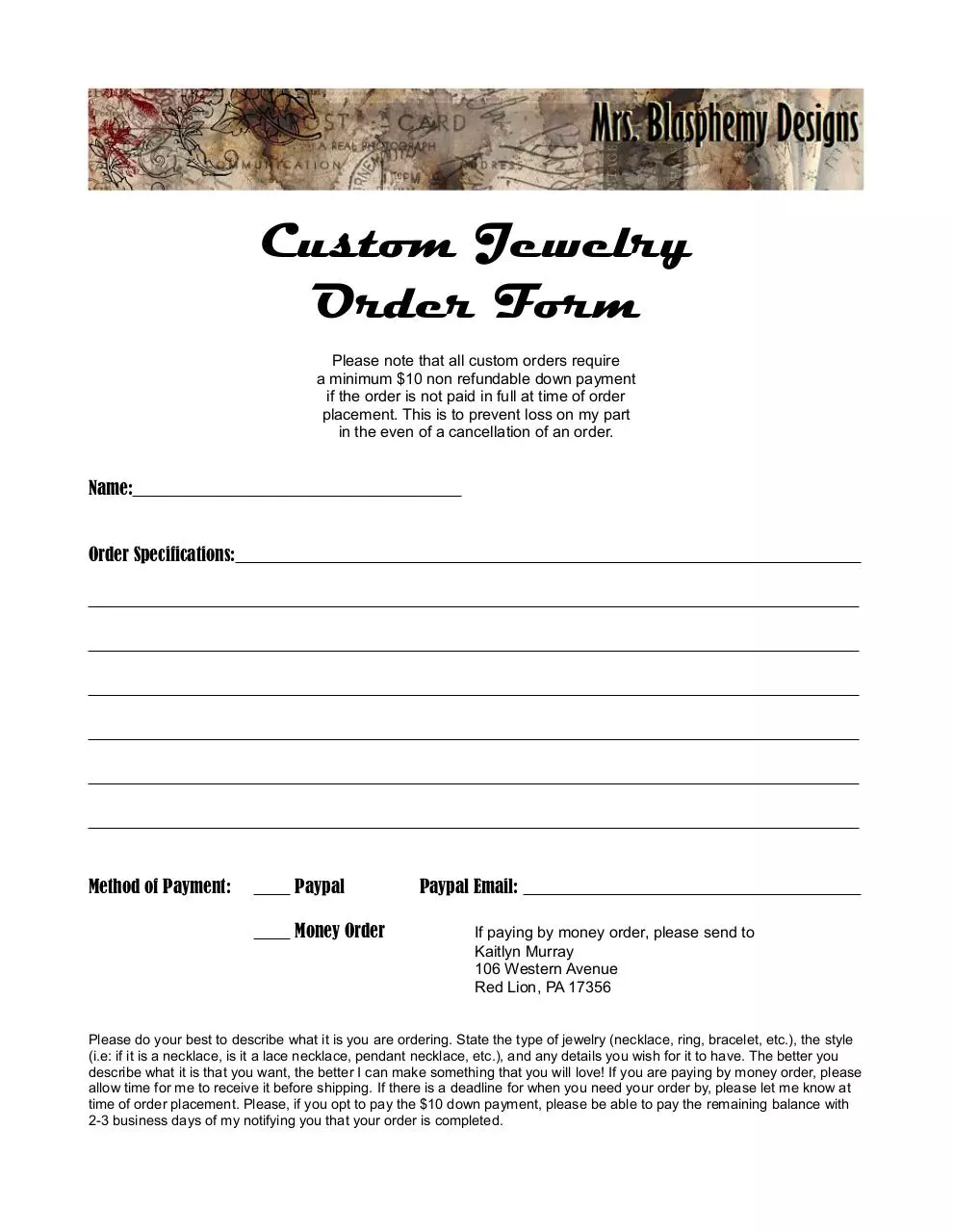 Page 1 of 1, Order Form