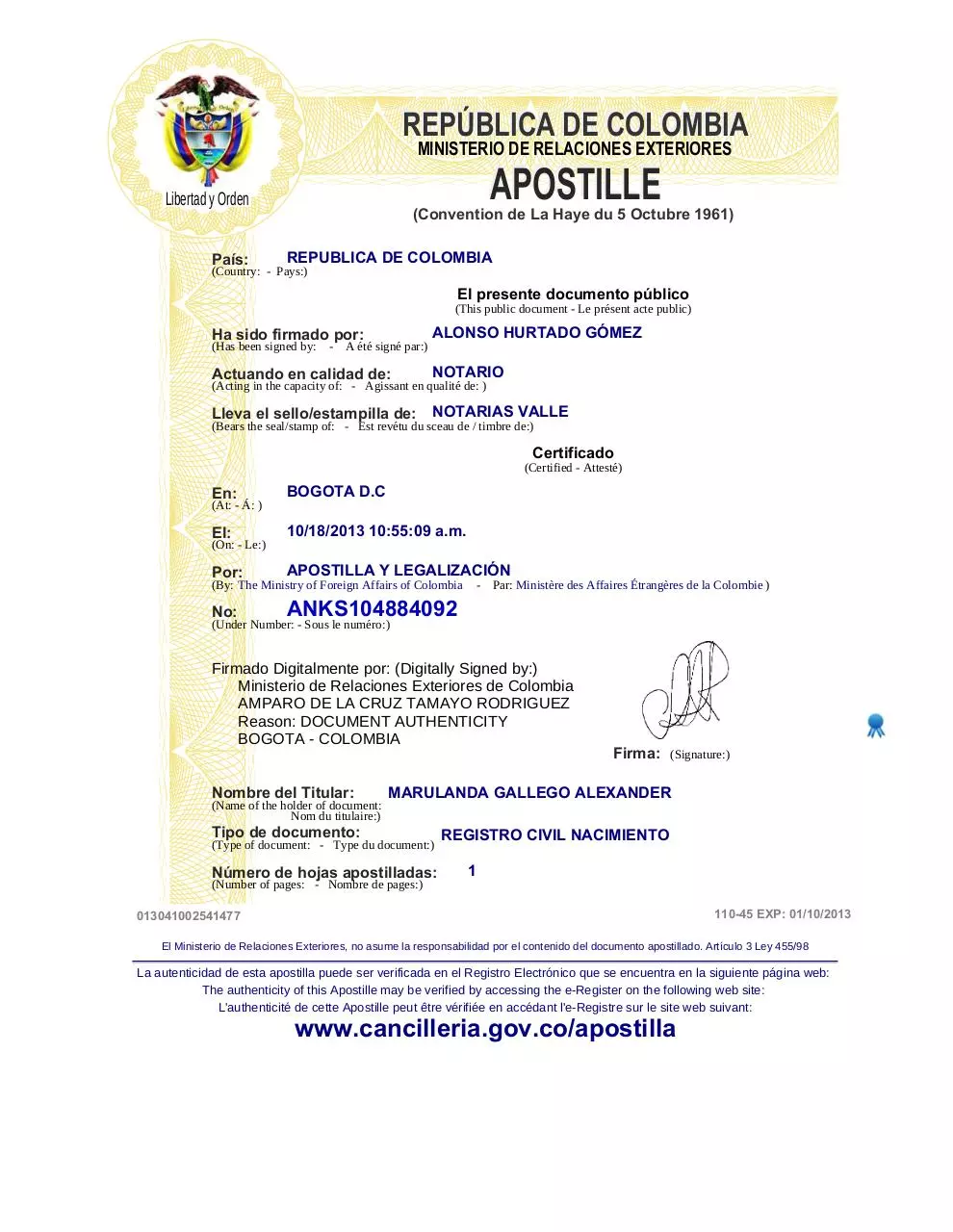 Document preview - tramites.cancilleria.gov.coApostillaconsultaANKS104884092.pdf - Page 1/1