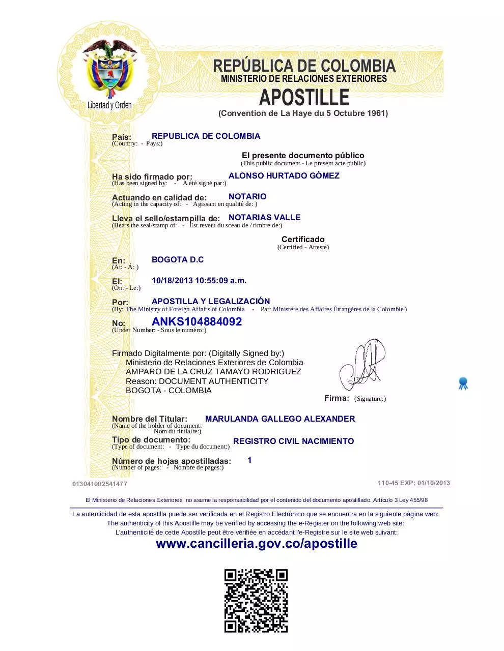 Page 1 of 1, tramites.cancilleria.gov.coApostillaconsultaANKS104884092
