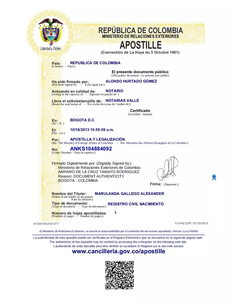 Page 1 of 1, tramites.cancilleria.gov.coApostillaconsultaANKS104884092