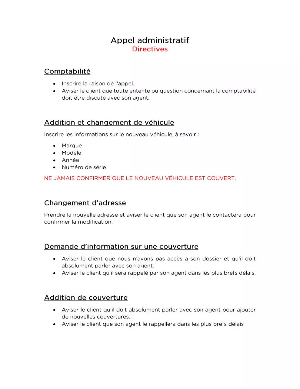 Page 1 of 1, Directives pour les appels administratifs