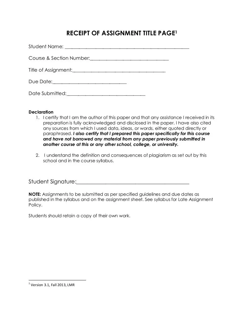 Page 1 of 1, RECEIPT OF ASSIGNMENT TITLE PAGE