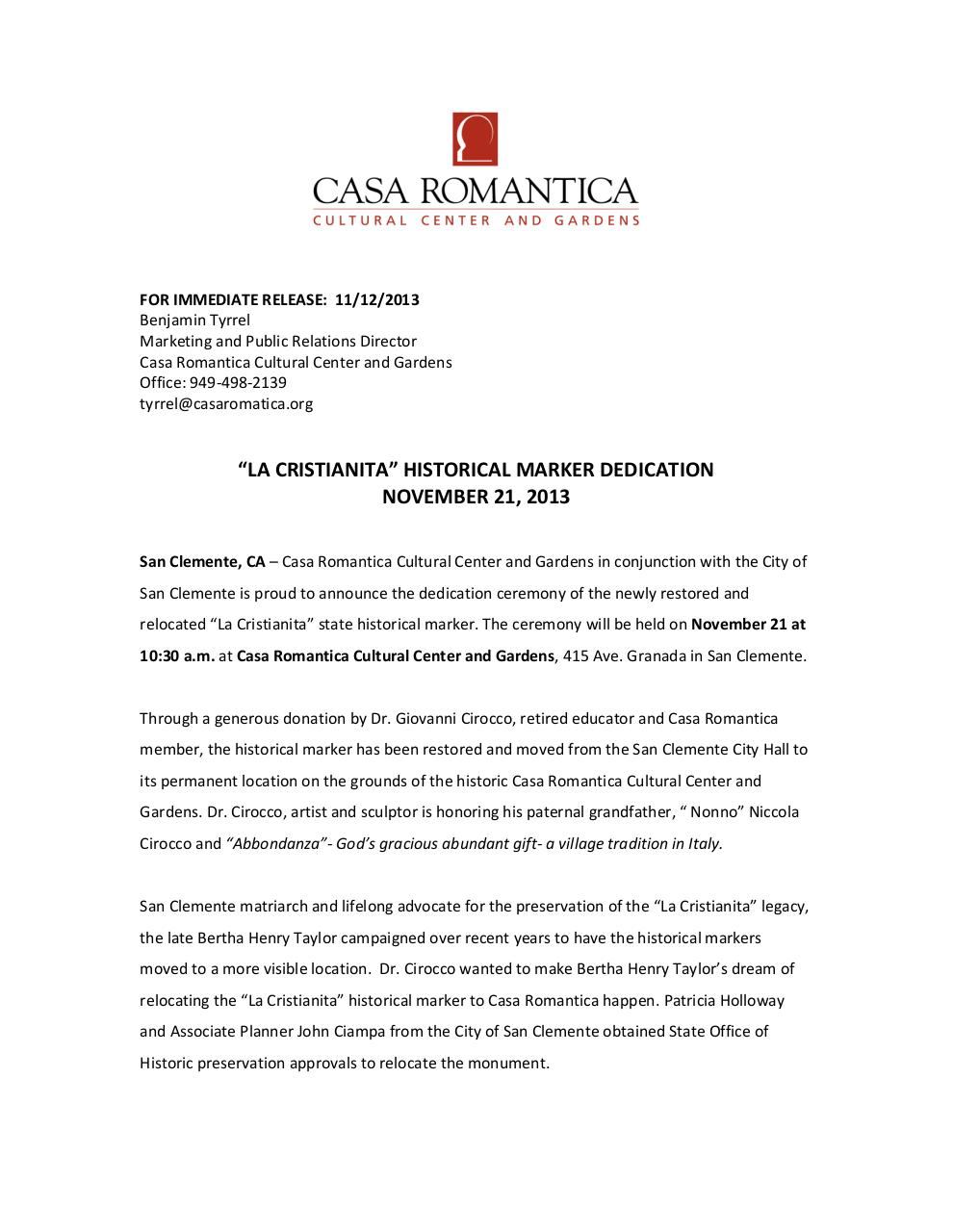 Document preview Cristianita Monument Press Release - 11.12.13.pdf - page 1/2