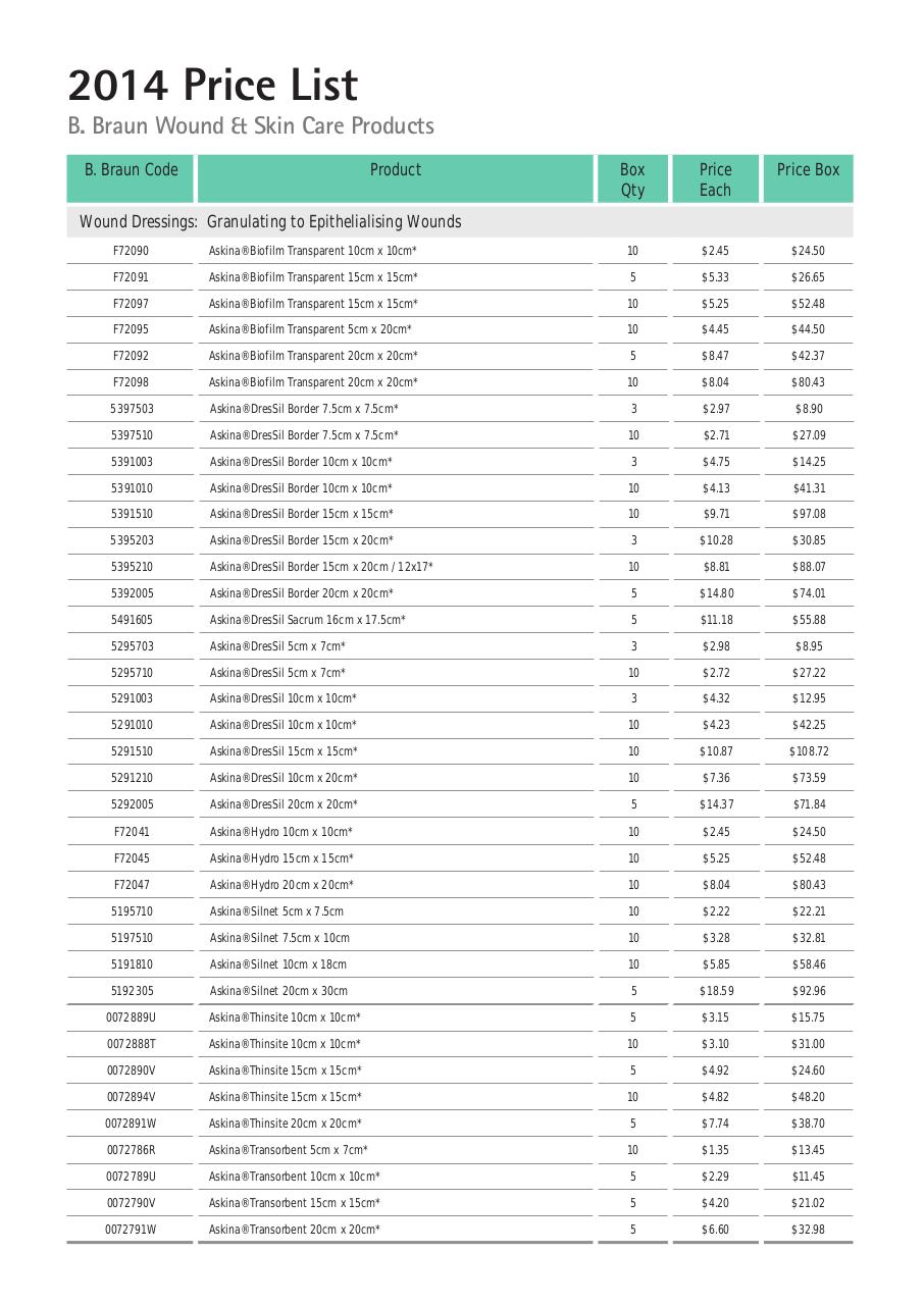 Document preview B Braun 2014 Price List_Wound and Skin Care.pdf - page 2/4
