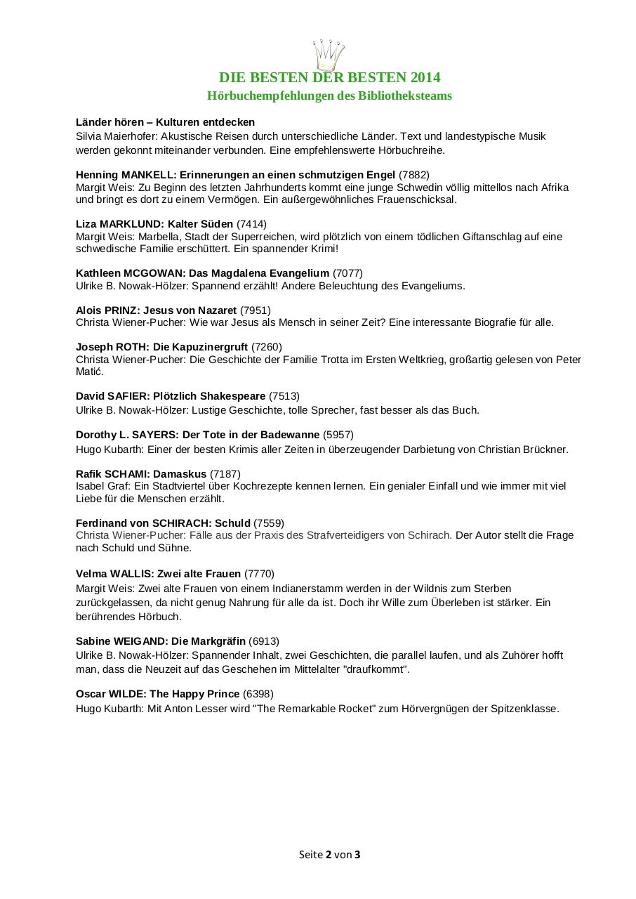 Document preview Empfehlungen_DIE BESTEN DER BESTEN_2014.pdf - page 2/3