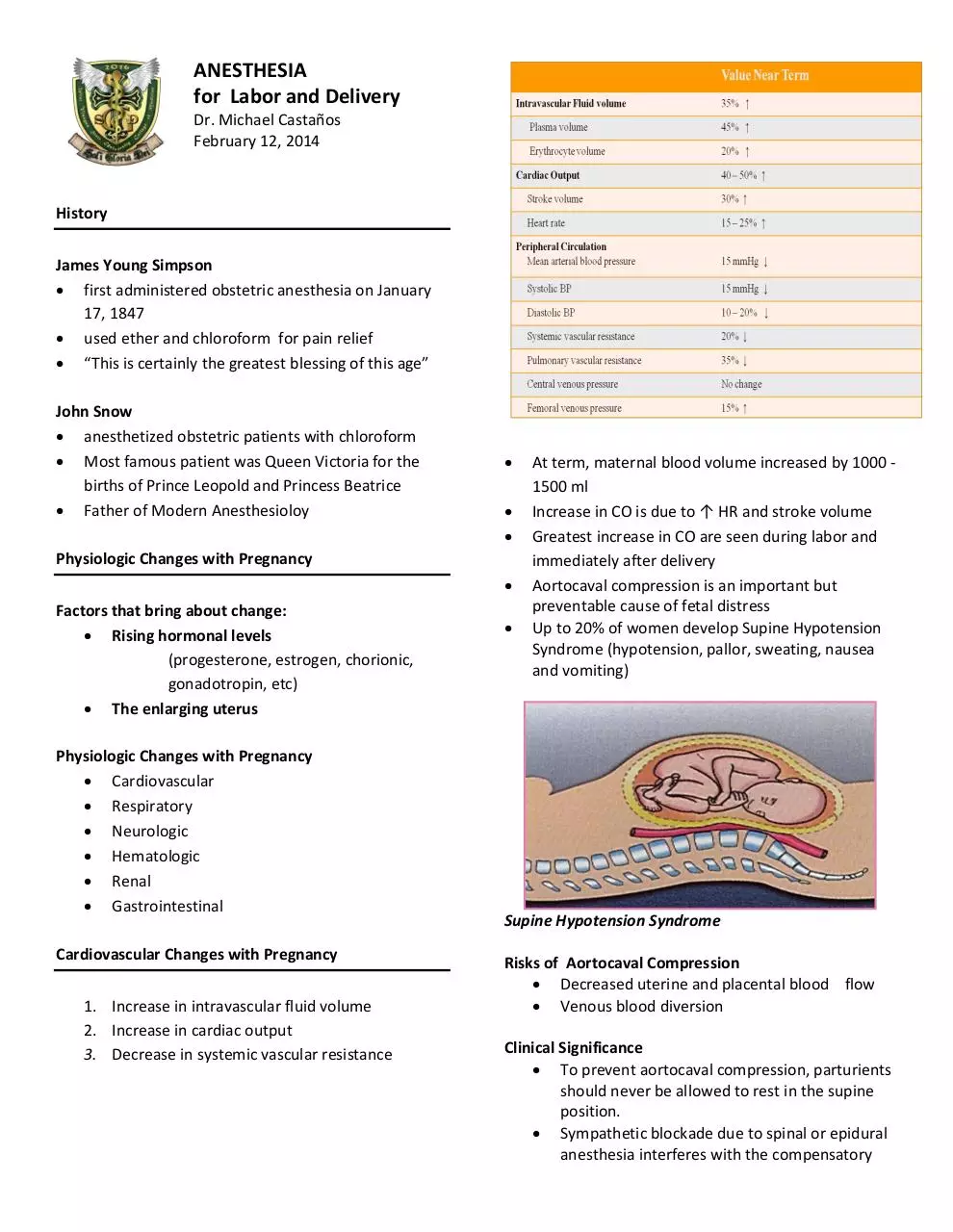Page 1 of 7, ANESTHESIA for Labor and Delivery