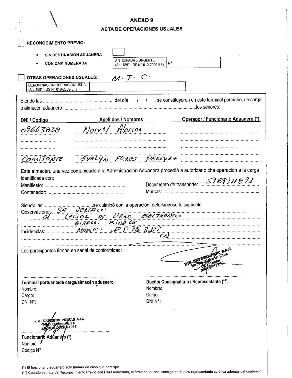 Page 1 of 1, Acta Aduana