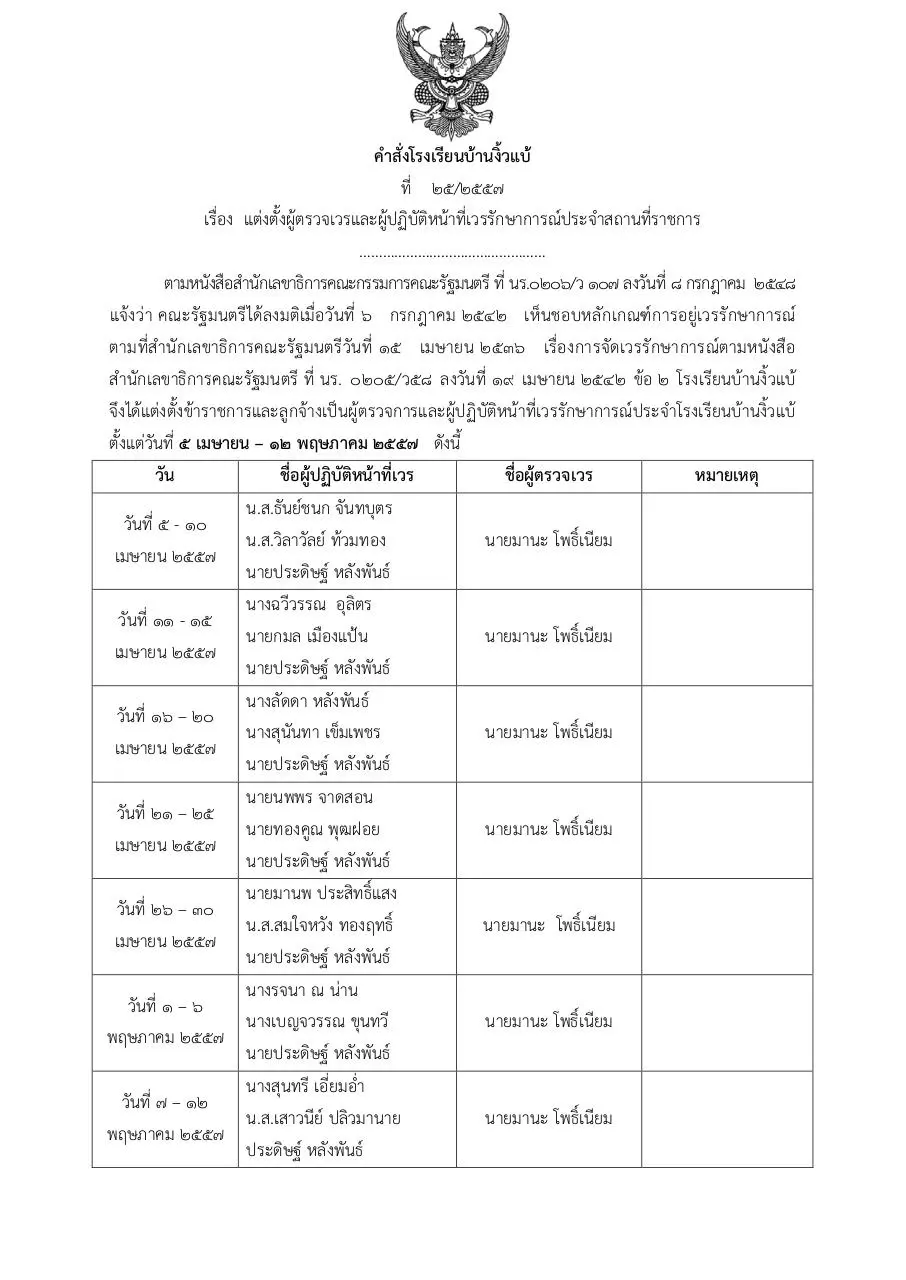 Page 1 of 2, คำสั่งโรงเรียนบ้านงิ้วแบ้ เวรยามประจำเดือนเมษายน 57 2