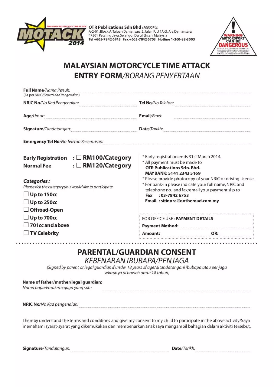 Page 1 of 4, Motack2014 Rider Participation Registration Form