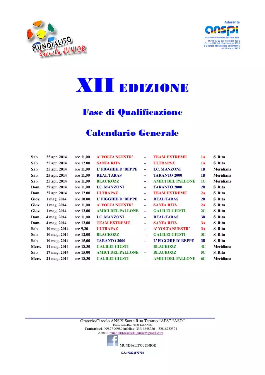 Page 1 of 2, calendario XII Mundialito Junior 2014