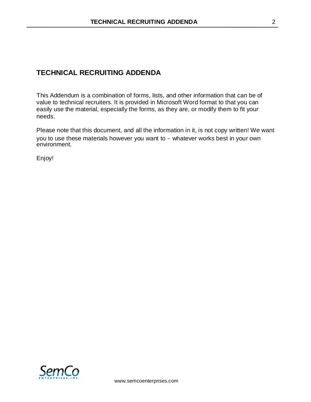 Page 2 of 47, SemCo Technical Recruiting Addenda