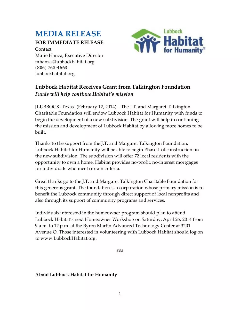 Page 1 of 2, Talkington Relase