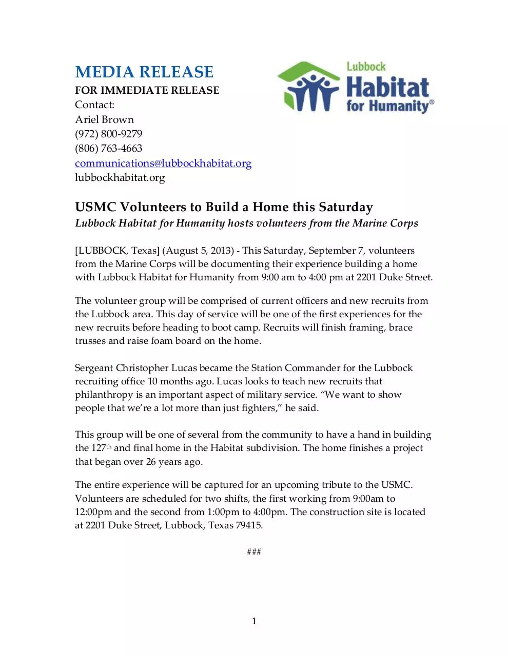 Page 1 of 2, USMC Release
